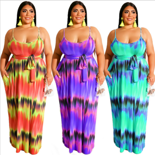 Plus Size Colorful Striped Strappy Belted Maxi Dress