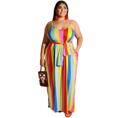 Plus Size Rainbow Striped Belted Maxi Cami Dress