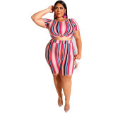 Plus Size Striped Tee and High Waist Shorts Set 