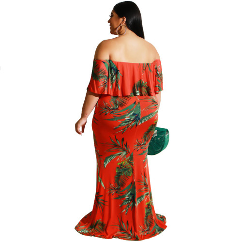 Leaf Print Off Shoulder Ruffle Maxi Mermaid Dress