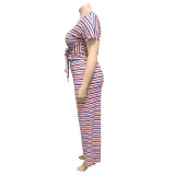 Plus Size Horizontal Striped Tie Front Tee and Pants