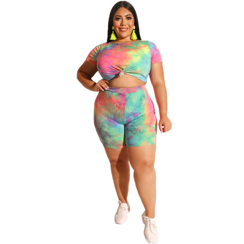 Plus Size Tie Dye Tee and High Waist Shorts Set