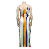 Plus Size Vertical Striped Belted Maxi Cami Dress