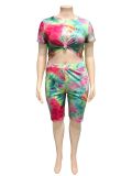 Plus Size Tie Dye Tee and High Waist Shorts Set