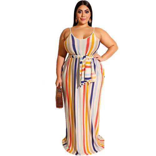 Plus Size Vertical Striped Belted Maxi Cami Dress