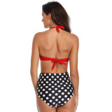 Colorblock Red Dotted Wrap Cutout One Piece Swimsuit