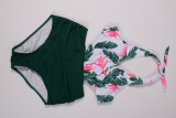 Green Tropical Print Contrast Wrap Cutout One Piece Swimsuit