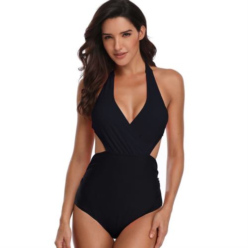 Black Plain Color Wrap Cutout One Piece Swimsuit