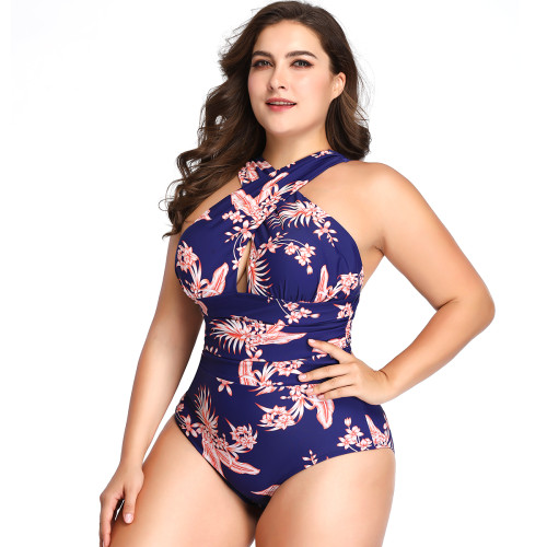 Halter Criss Cross Ruched Blue Floral One Piece Swimsuit