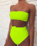 Neon Green Two Piece Bandeau Belted High Waist Swimwear