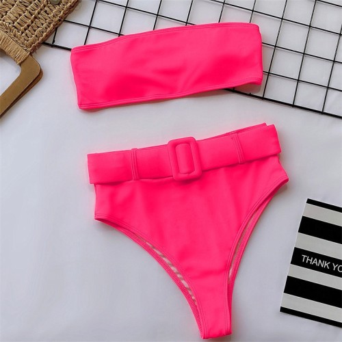 Hot Pink Two Piece Bandeau Belted High Waist Swimwear