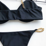 Sexy Front Closure Metal Chain Thong Bikini Set-Black