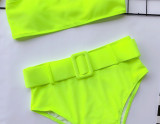 Neon Green Two Piece Bandeau Belted High Waist Swimwear