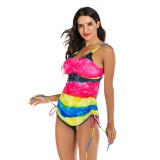 Rainbow Wide Striped Drawstring Swim Dress Two Piece Swimwear