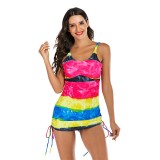 Rainbow Wide Striped Drawstring Swim Dress Two Piece Swimwear