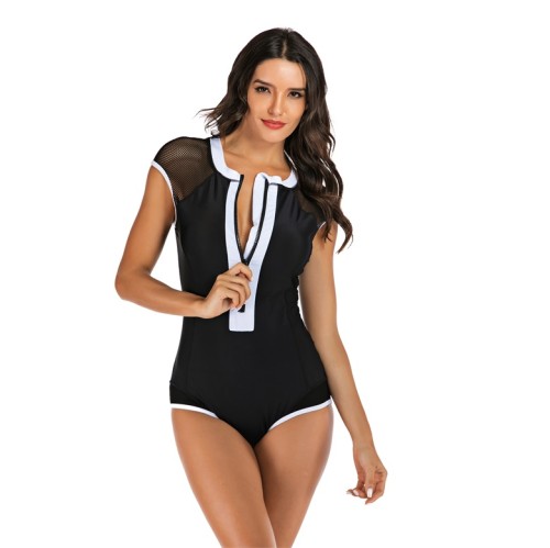 Black Mesh Panel White Trim Cap Sleeve Zip One Piece Swimsuit