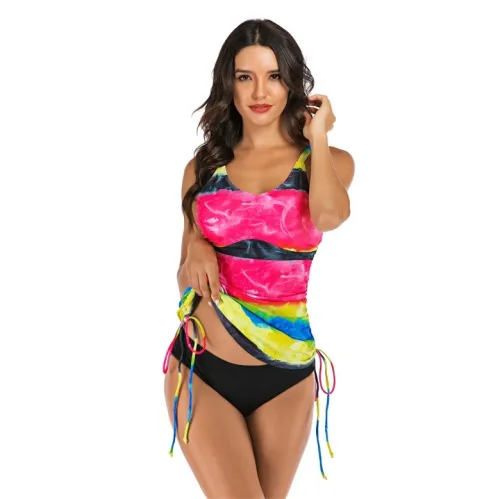 Rainbow Wide Striped Drawstring Swim Dress Two Piece Swimwear