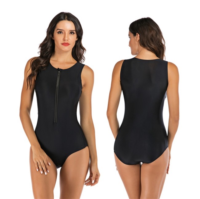 Pure Black Zip Front Sleeveless Surf One Piece Swimwear