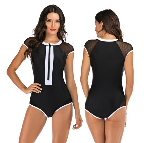 Black Mesh Panel White Trim Cap Sleeve Zip One Piece Swimsuit