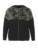 Plus Size Black Camo Patchwork Zip Up Hooded Sweatshirt