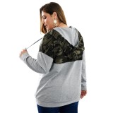 Plus Size Gray Camo Patchwork Zip Up Hooded Sweatshirt