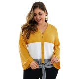 Plus Size Colorblock Tie Hem Button Down Knit Blouse