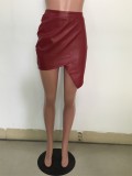 Sexy Burgundy Wrap PU Leather Irregular Mini Skirt