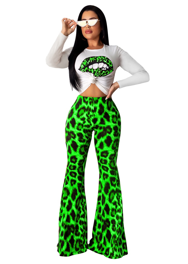 leopard flare pants green