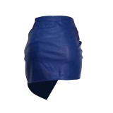 Sexy Blue Wrap PU Leather Irregular Mini Skirt