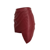 Sexy Burgundy Wrap PU Leather Irregular Mini Skirt