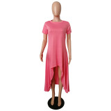 Hot Pink High Low Casual T Shirt Dress