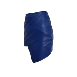 Sexy Blue Wrap PU Leather Irregular Mini Skirt