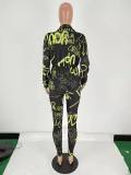 Green Letter Print Tie Front Plunge Two Piece Pants Set
