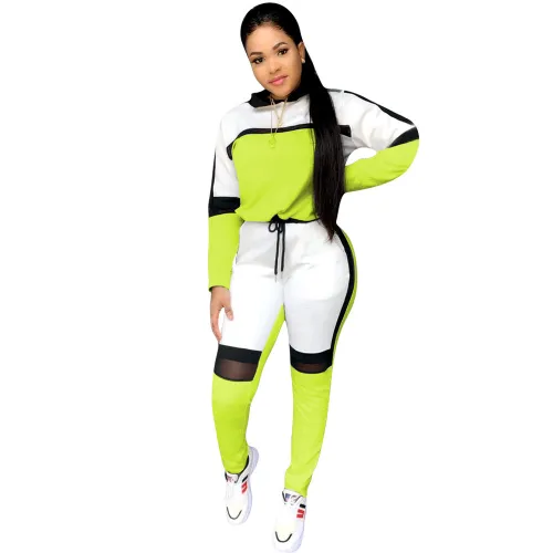 Contrast Color Mesh Panel Hoodie & Pants Sports Suit