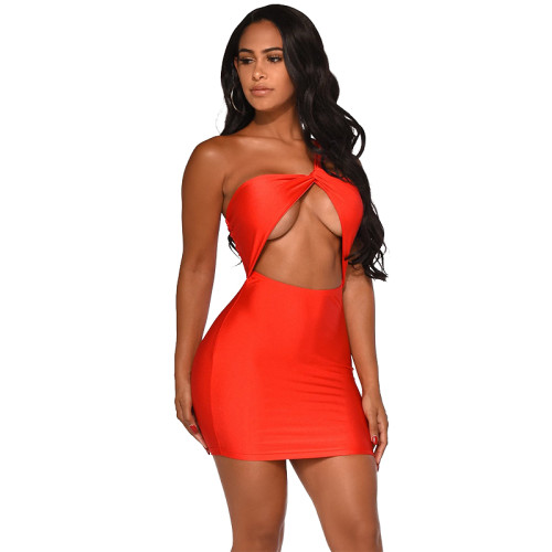 One Shoulder Red Cutout Bodycon Club Dress