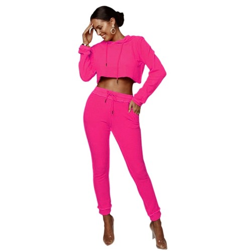 Hot Pink Hooded Inside Out Cropped Sweatshirt and Pants