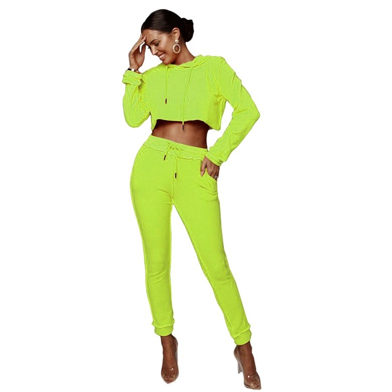 Neon Green Hooded Drawstring Cropped Sweatshirt and Pants On Sale For US$ 8.59 - www.lover