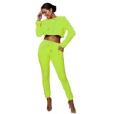 Neon Green Hooded Drawstring Cropped Sweatshirt and Pants