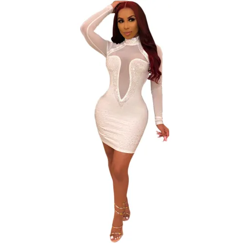 Rhinestone White High Neck Mesh Splice Bodycon Dress