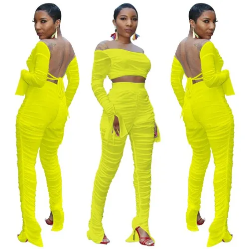 Neon Yellow Ruched See Through Mesh Two Piece Pants Set