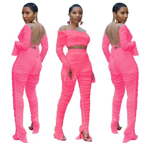 Hot Pink Ruched Backless Mesh Crop Top & Pants Set