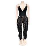 Black Plunge Straps Ruffle Lace Spliced Tight Jumpsuit