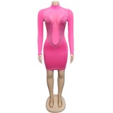 Rhinestone Hot Pink High Neck Mesh Panel Bodycon Dress