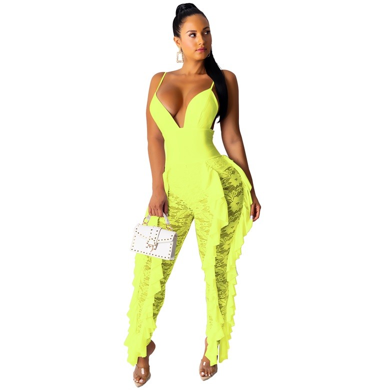 Green Plunge Straps Ruffle Lace Spliced Tight Jumpsuit US$ 8.59 - www ...