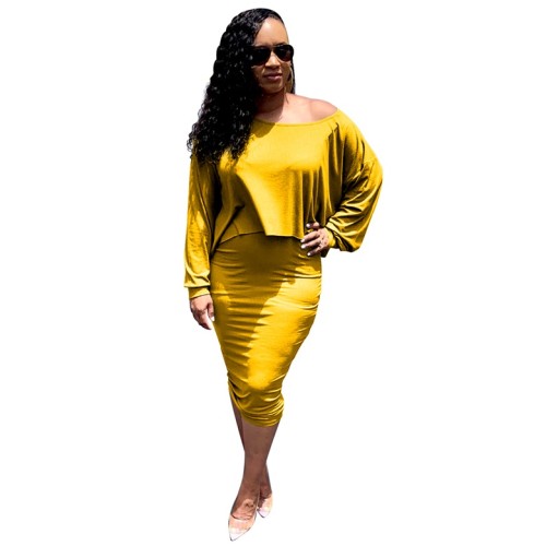 Yellow Ribbed Skew Neck Top and Skirts Set