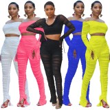 Neon Yellow Ruched See Through Mesh Two Piece Pants Set