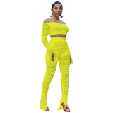 Neon Yellow Ruched See Through Mesh Two Piece Pants Set
