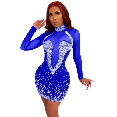 Rhinestone Blue High Neck Mesh Panel Bodycon Dress