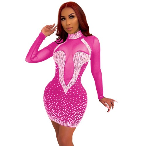 Rhinestone Hot Pink High Neck Mesh Panel Bodycon Dress