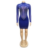 Rhinestone Blue High Neck Mesh Panel Bodycon Dress